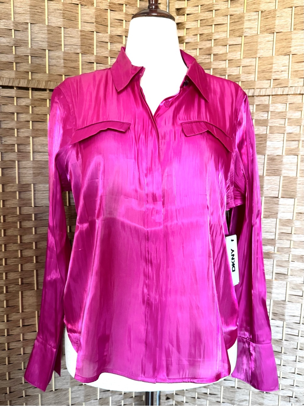 NWT DKNY hot pink button front shirt L - Picture 2 of 11